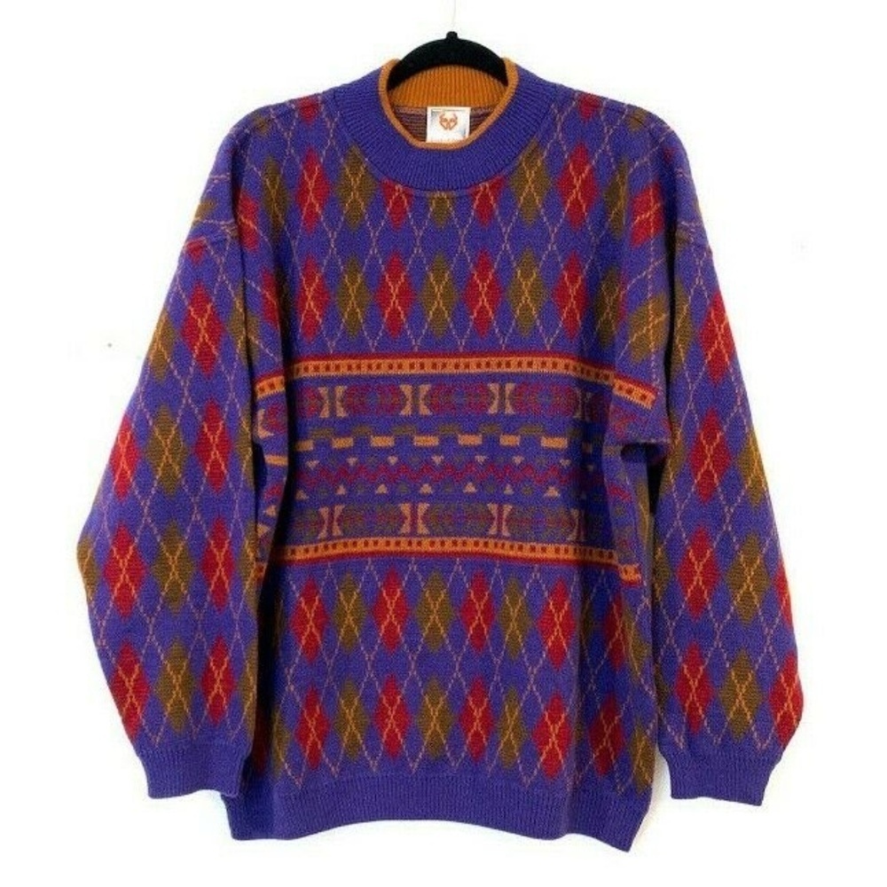 Stefanel Men M Aztec Argyle Crew Neck Wool Sweater